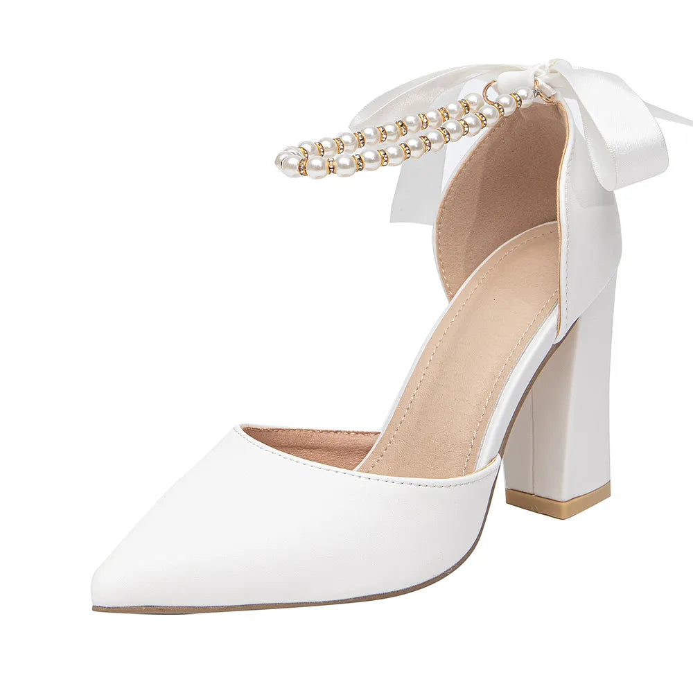 Women's new luxury pearl rhinestone wedding party thick high-heeled hollow pointed single shoes