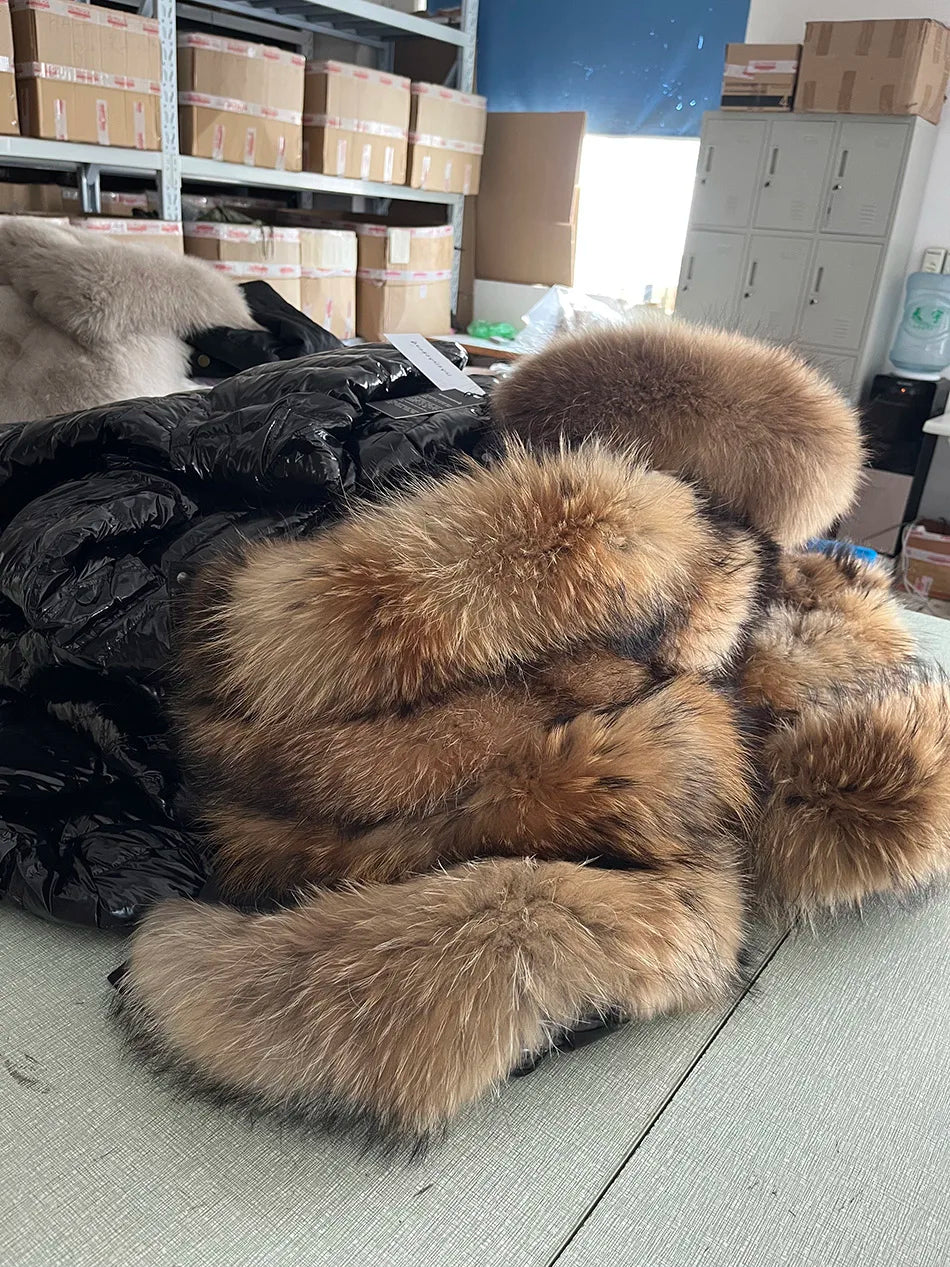 Maomaokong Winter Jacket Women Real Fur Coat Parkas Duck Down Lining Coat Real Raccoon Fur Collar Warm Black Streetwear