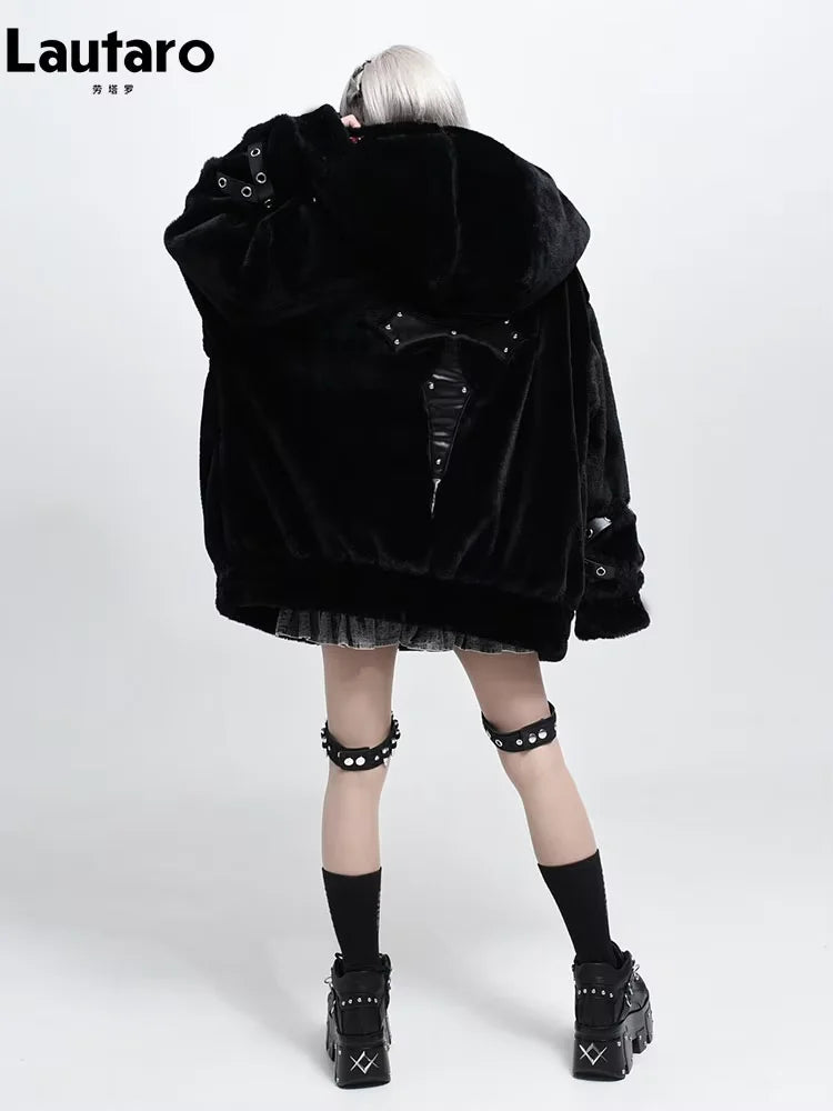 Lautaro Autumn Winter Thick Warm Faux Fur Coat Women with Hood Zipper Luxury Japanese Style Punk Harajuku Fluffy Jacket 2026