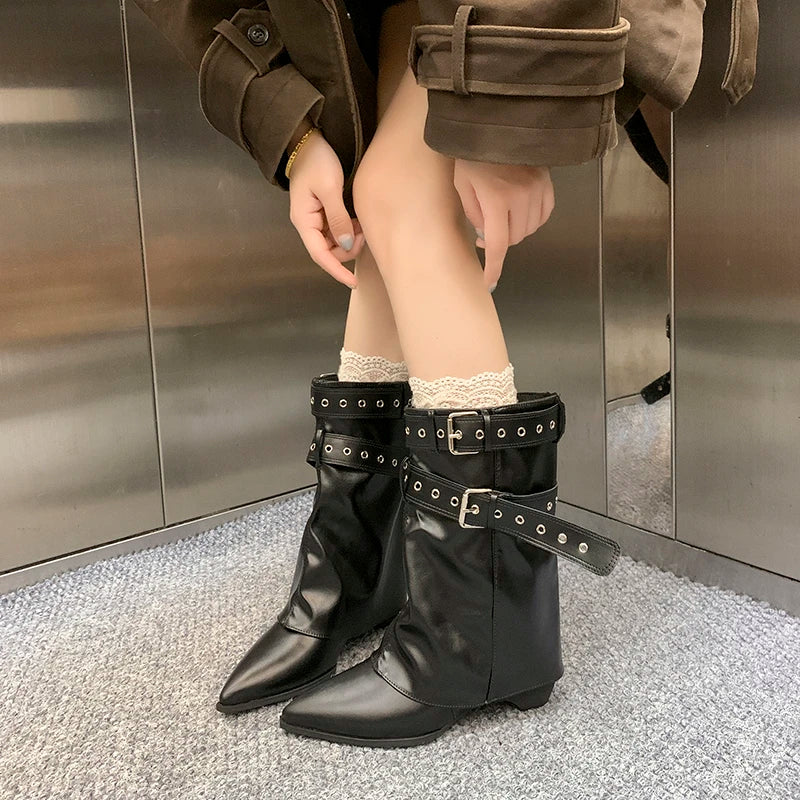 2025 Pointed Toe Women's Winter Boots Designer Mid Heels Elegant Shoes Pumps Fashion Boots New Trend Dress Gothic Ladies Boots