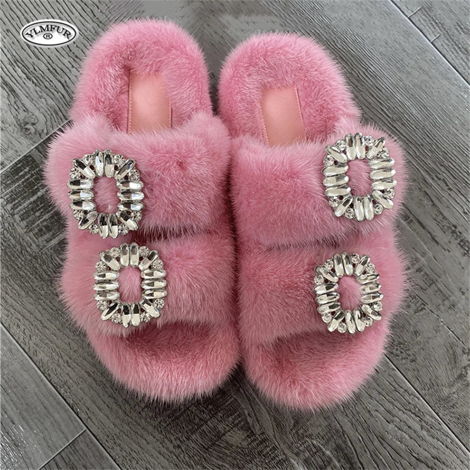 2025 New Women Fur Slippers Shoes Women Warm Winter Crystal Fur Shoes For Women Slippers Casual Plush Comfortable Mink Slippers
