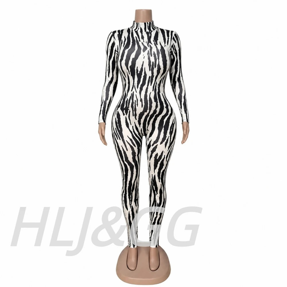 HLJ&GG Autumn Stripe Print Backless One Piece Jumpsuits Women Round Neck Long Sleeveless Slim Playsuits Sexy Overalls Streetwear