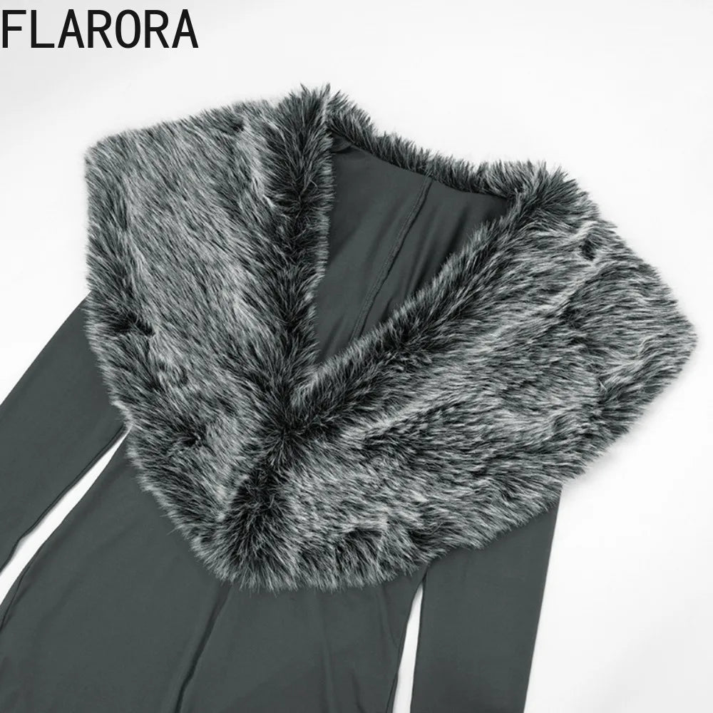 FLARORA Luxury Faux Fur Furry Patchwork Jumpsuits Woman Deep V-Neck Long Sleeve Slim One Piece Rompers Midnight Party Clubwear