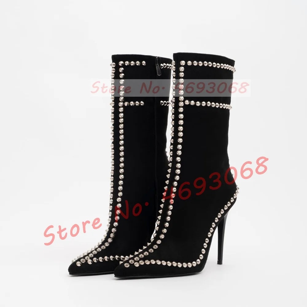 Pointed Toe Rivets Trim Heeled Ankle Boots Women Trendy Bling Studded Suede Leather Booties Luxury Side-zip Metal Dacor Shoes