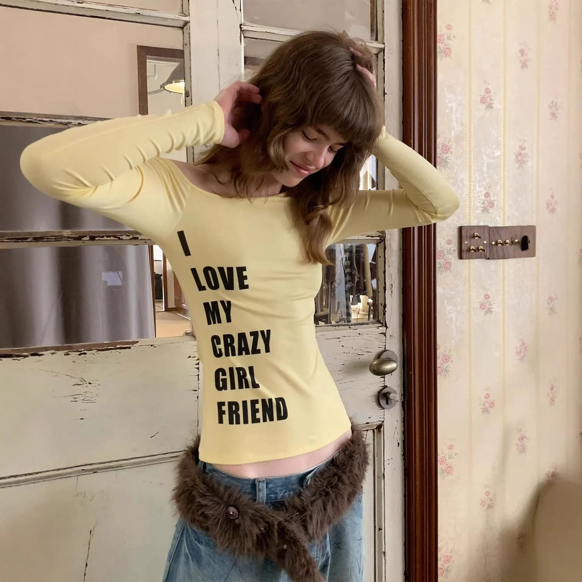 Y2K Women's Long Sleeve T-Shirt American Style Sweet Spicy Letter Print Shoulder Casual Versatile Sexy Spicy Girl INS Style