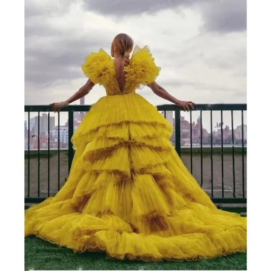 Fuffy Tiered Tulle Prom Dresses Woman's V Neck A Line Long Sweep Train Party Evening Gowns Formal Celebrity Vestidos De Gala