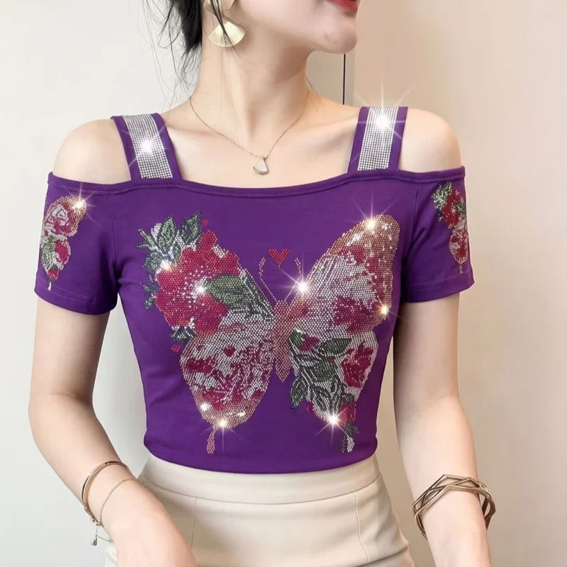High Quality Elasticity Clothes Fashion T-Shirts Women's Sexy Off Shoulder Shiny Diamonds Mesh Tops Summer Tees Shirt