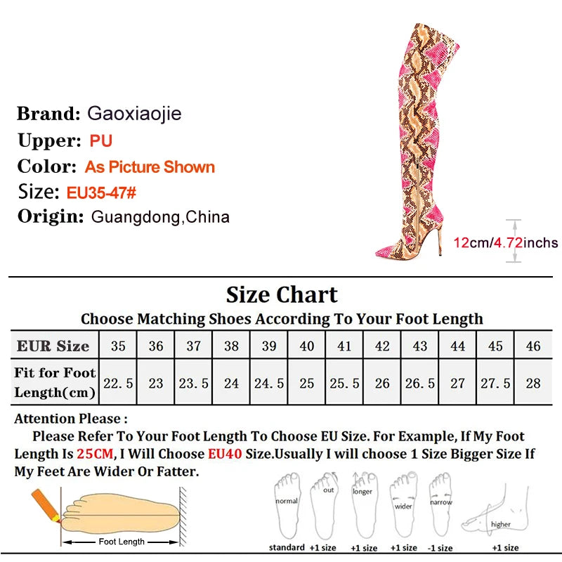 Over The Knee Snake Print Boots Women 12CM Thin High Heel Winter Shoes Plus Size 45 46 47 Stiletto Pointed Thigh Boots For Woman