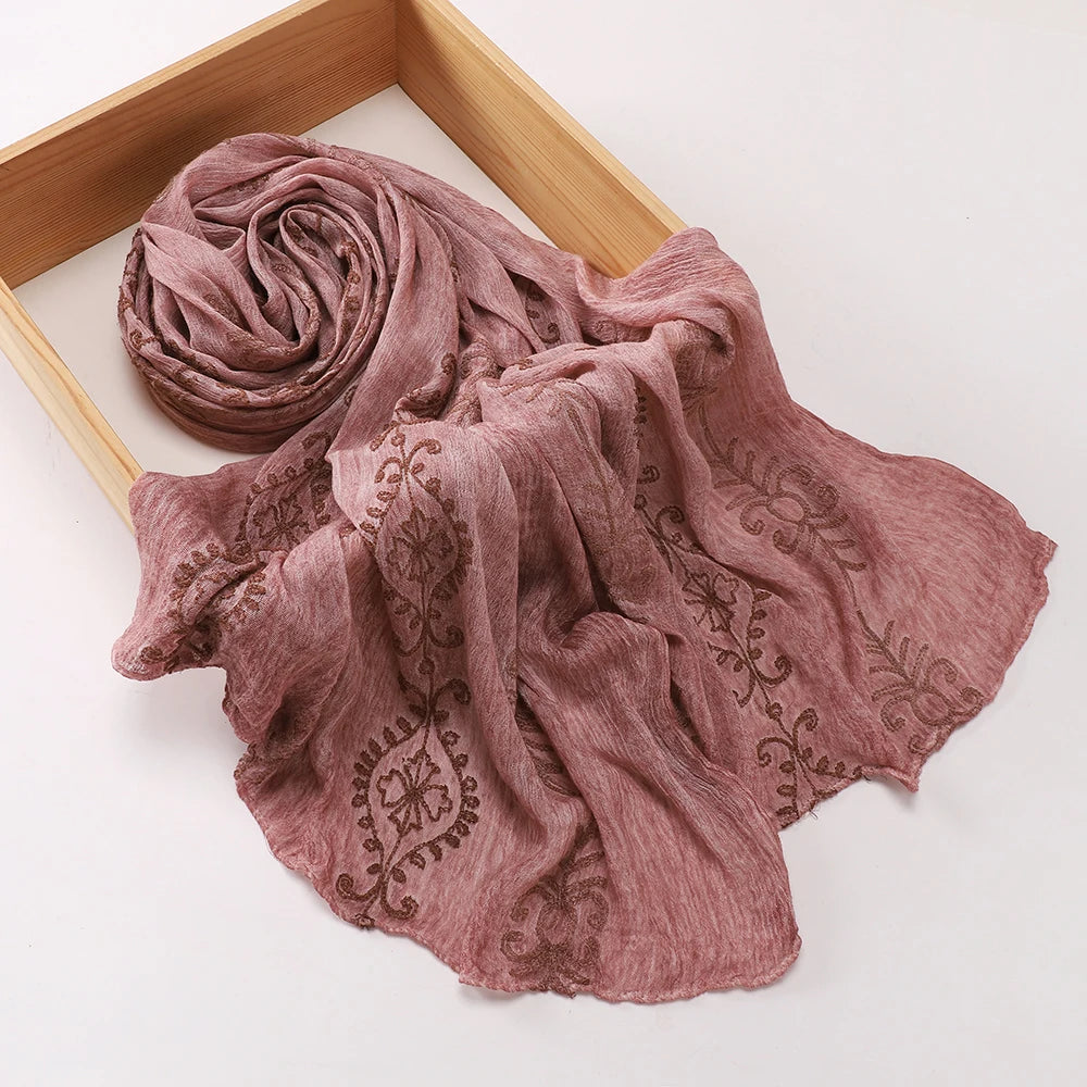 Vintage Crinkle Embroidery Hijab Textured Fabric Muslim Shawl Headscarf Soft Breathable Islamic Women Head Wrap Scarf