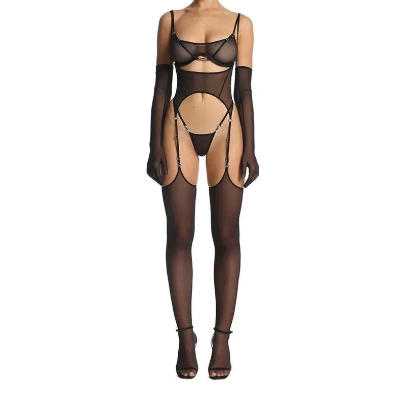 Solid Women's Lingerie Sets Seductive See Through Bra Belt Thong 3PC with glovs stockings Sissy Sexy Women's Underwear