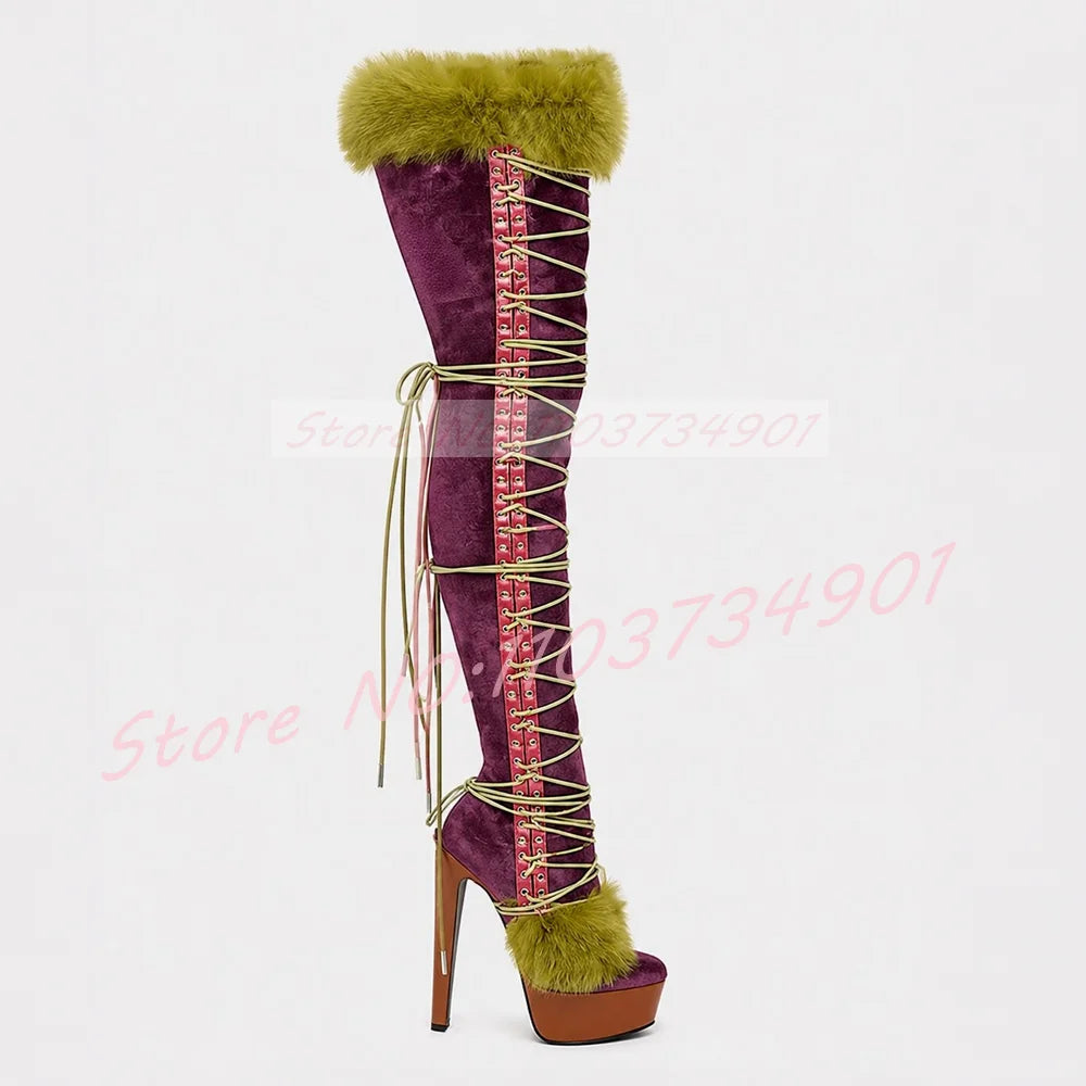 Cross Strap Mixed Colors Thigh-High Boots Women Green Furry Lace-Up Platform Round Toe Purple Suede High Heels Crotch Boots