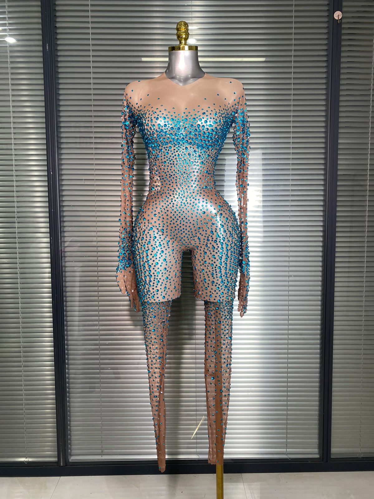 Women Sexy Crystal Sheer Blue Silver Skin Bodycon Jumpsuit Celebrity Designer Shinning Dancer Night Club Rompers Gloves