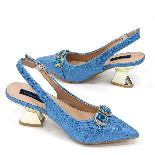 Newest Style Teal Sky Color Platform Design Peep Toe Ladies Shoes Matching Bag Set For Mature Women Heel Party Pump