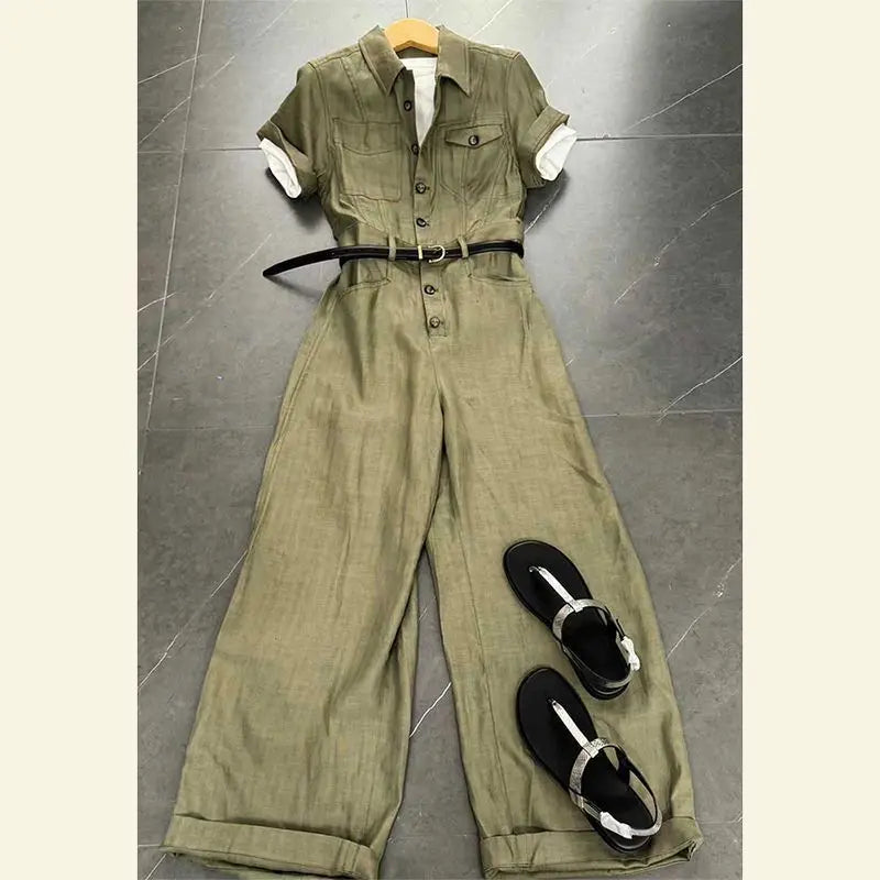 New Summer High End Green Cargo Jumpsuit Women Casual Lapel Short Sleeve Solid Color Wide Leg Pants Jumpsuits With Belt