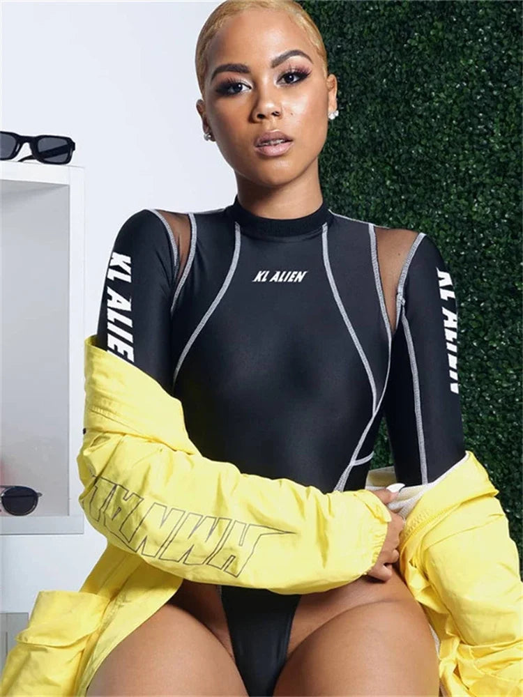 2025 Women Sexy Mesh Patchwork Letter Print Bodysuit Fashion Balck Patchwork Long Sleeve O-Neck Fitness Tops Wild Streetwear