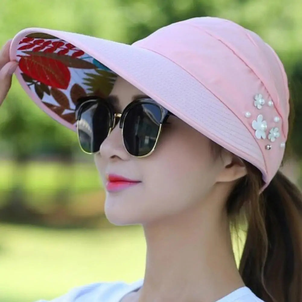Women Summer Empty Top Sun Protection Cap Large Brim Anti-UV Ponytail Hat For Women Outdoor Travel Beach Visor Fisherman Hats