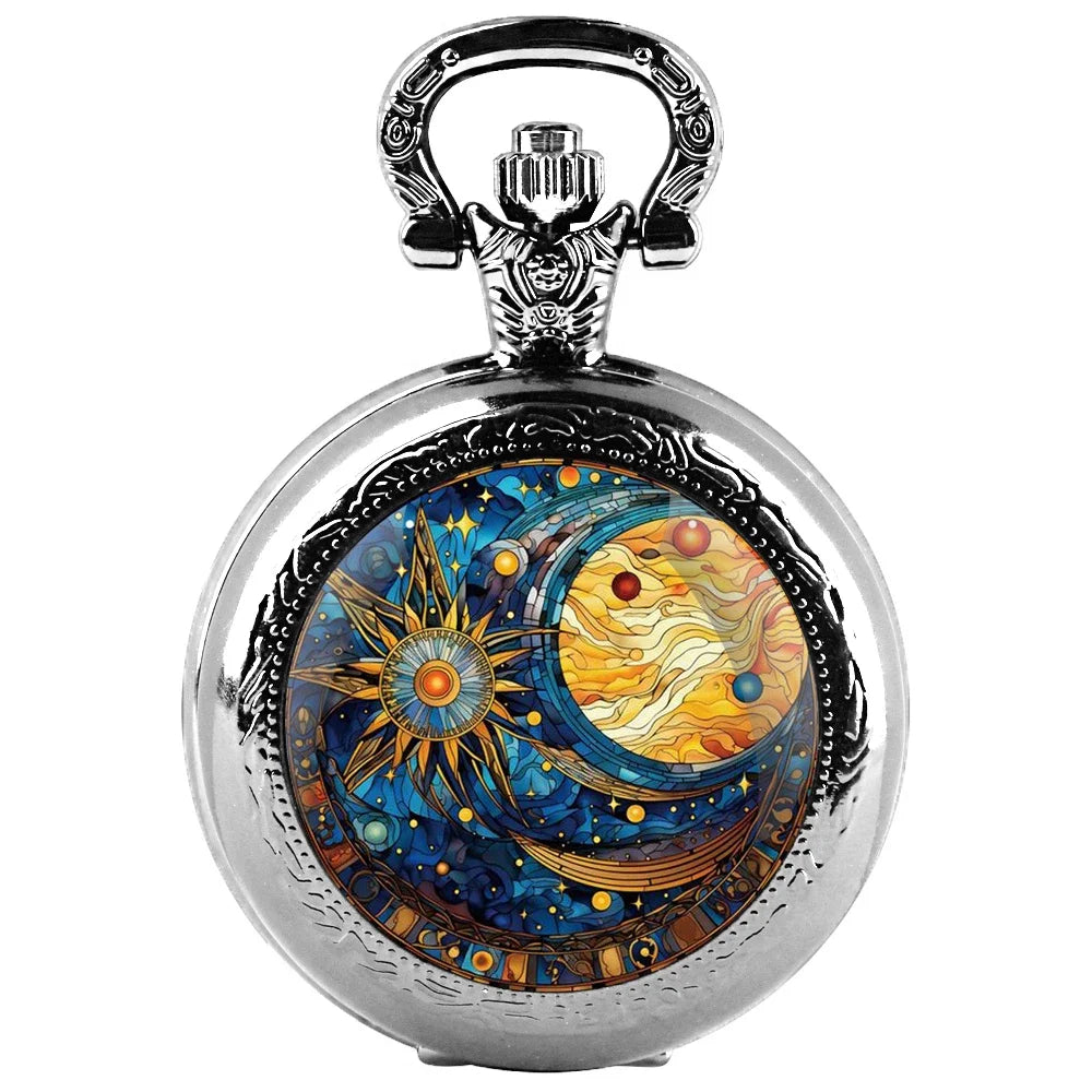 Vintage Sun and Moon Pendant Glass Dome Pocket Watch Souvenir Chain Clock Arabic Numerals with Personality Gift for Women Men