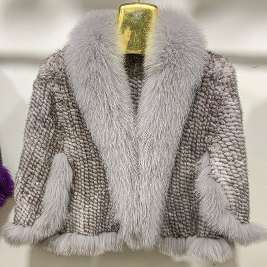 Autumn Winter Ladies' Genuine Knitted Mink Fur Shawls Fox Fur Collar Women Fur Pashmina Wraps Bridal Cape Coat Jacket