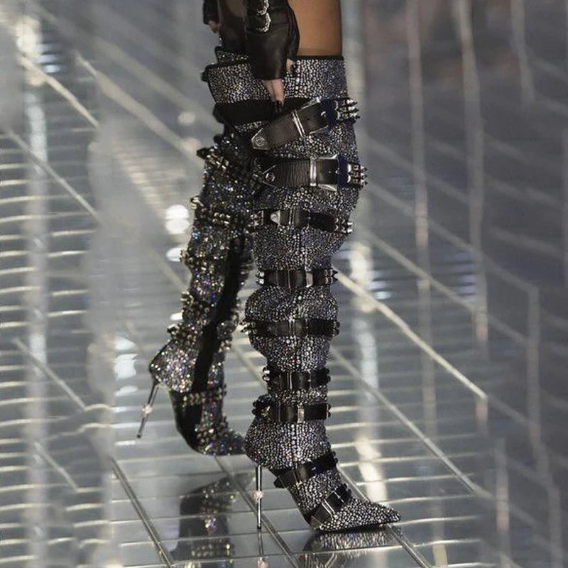 Luxury Crystal Thigh High Boots Women Belt Buckle Design Rhinestones Over The Knee Boots Sexy Pointed Toe Bling Shoes