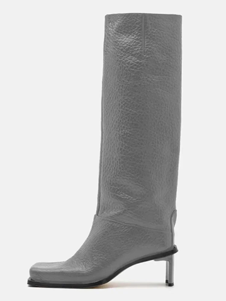 2026New Fashionable Square Head High Heels Women's Knee Length Boots with Side Zipper Stone Pattern Women's Mid Length Boots