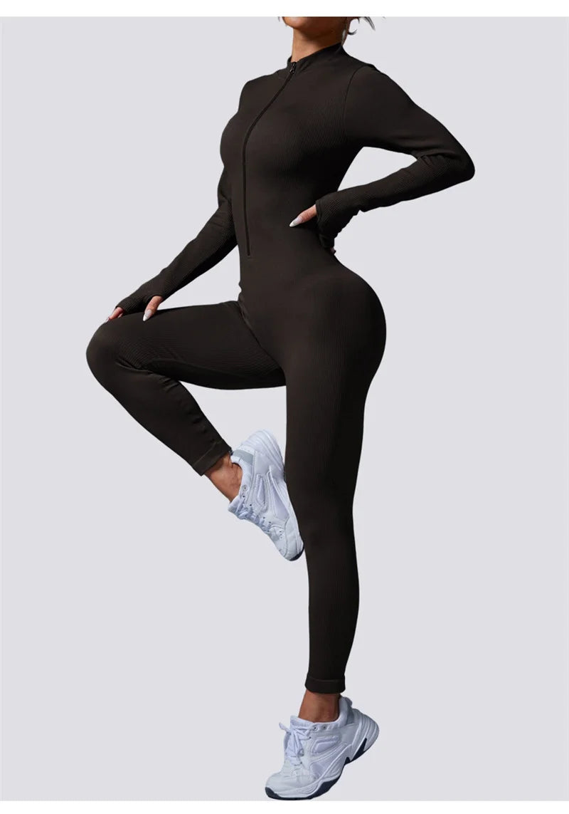 Screw Zipper Long Sleeve Jumpsuit Woman Slim Gym Workout Running Yoga Jumpsuits Women V Neck Tight Sports Fitness Clothes