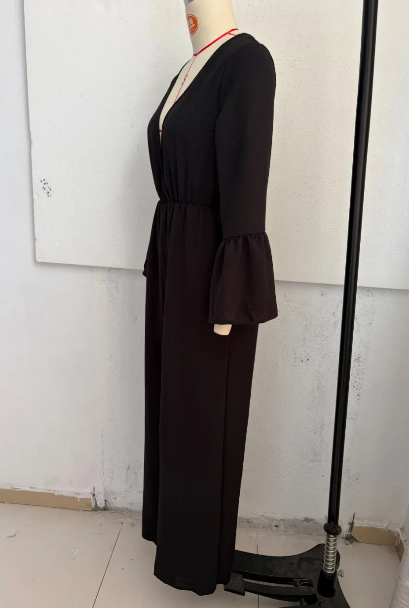Women Sexy Deep V Neck Flare Sleeve Jumpsuits Spring Autumn Solid Crinkle High Waist Loose Casual Holiday Wide Leg Pants Romper