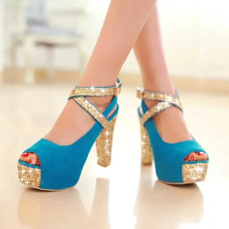 12CM High Heel Thick Heel Sandals Spring and Summer New Style Buckle Fish Mouth Women's Shoes Black Blue Plus Size 32-43