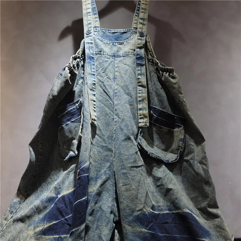 WTHT Vintage Fashion Women's Wash Patchwork Denim Rompers 2026 Spring Trendy Sleeveless Loose Jumpsuits Female 1LS2869
