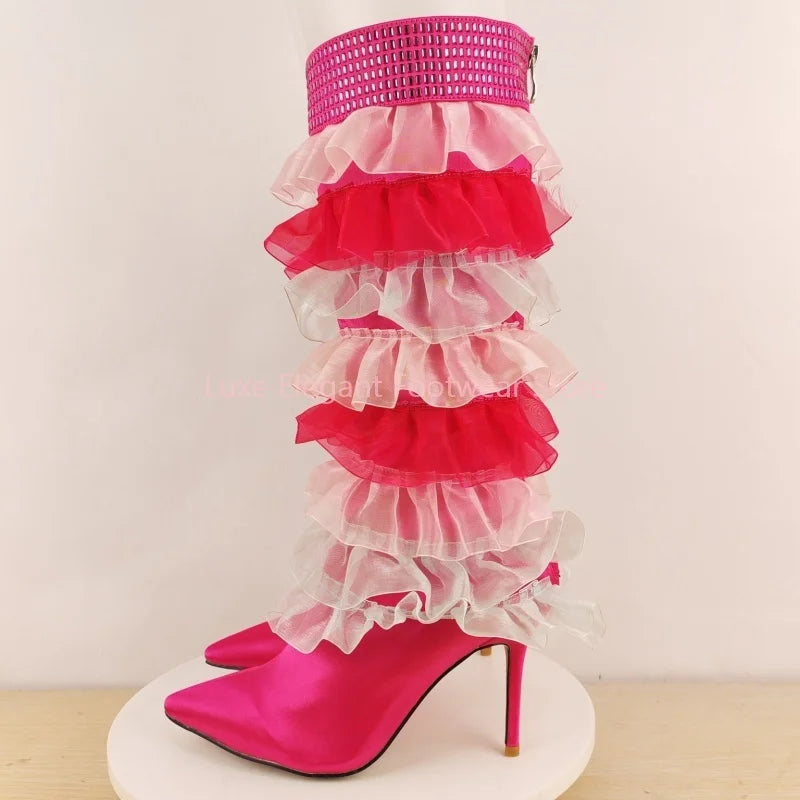 Pink Satin Tulle Ruffle Mesh Rhinestone Knee High Boots Women Back Zipper Pointed Stiletto Long Boots Sweet Lovely Party Boots