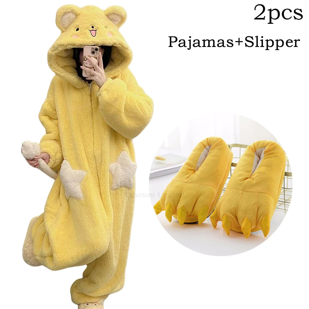 Women's Cartoon Hooded Kigurumi Unicorn Winter Jumpsuit Pajamas Women Coral Fleece Thickened Home Clothing Holiday Gift