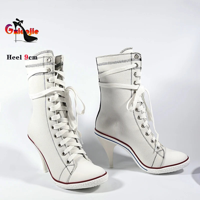 Sport Style Lace Up Denim Boots Ladies Retro Cowboy Dress Shoes Female Unique Shoes Casual Studded High Heels Spring Autumn Boot