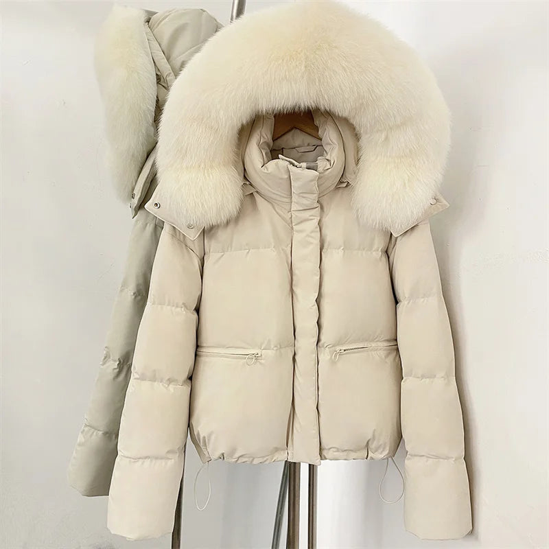 women's winter down jacket 2026 new detachable fox fur collar hooded women's down coat White duck down filled warm thick coat