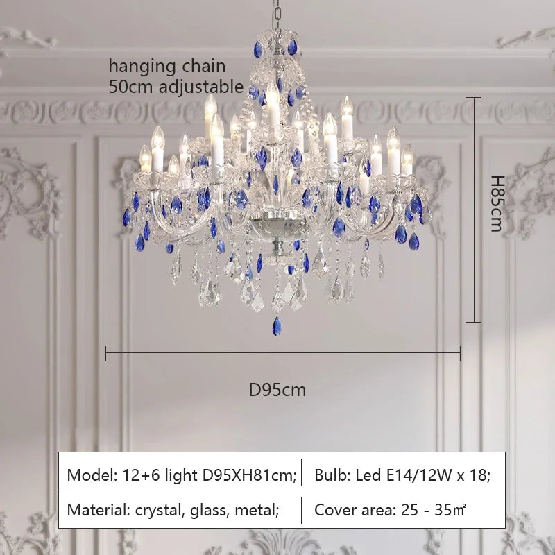 French Blue Romantic Crysatl Chandeliers Light Luxury Glass Living Room Art Decor Candle Pendant Lights Lighting Bedroom Lamps