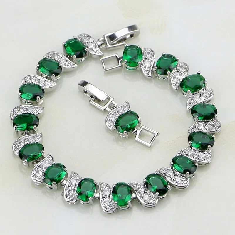 Natural Green Emerald White Topaz Silver Charm Bracelet Women Jewelry Fashion Accessories Gift For Her