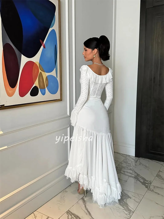 Customized Modern Style Matching Chiffon Ruched Lace Mermaid Scoop Neck Ankle Length Dresses Bespoke Occasion Dresses Elegant