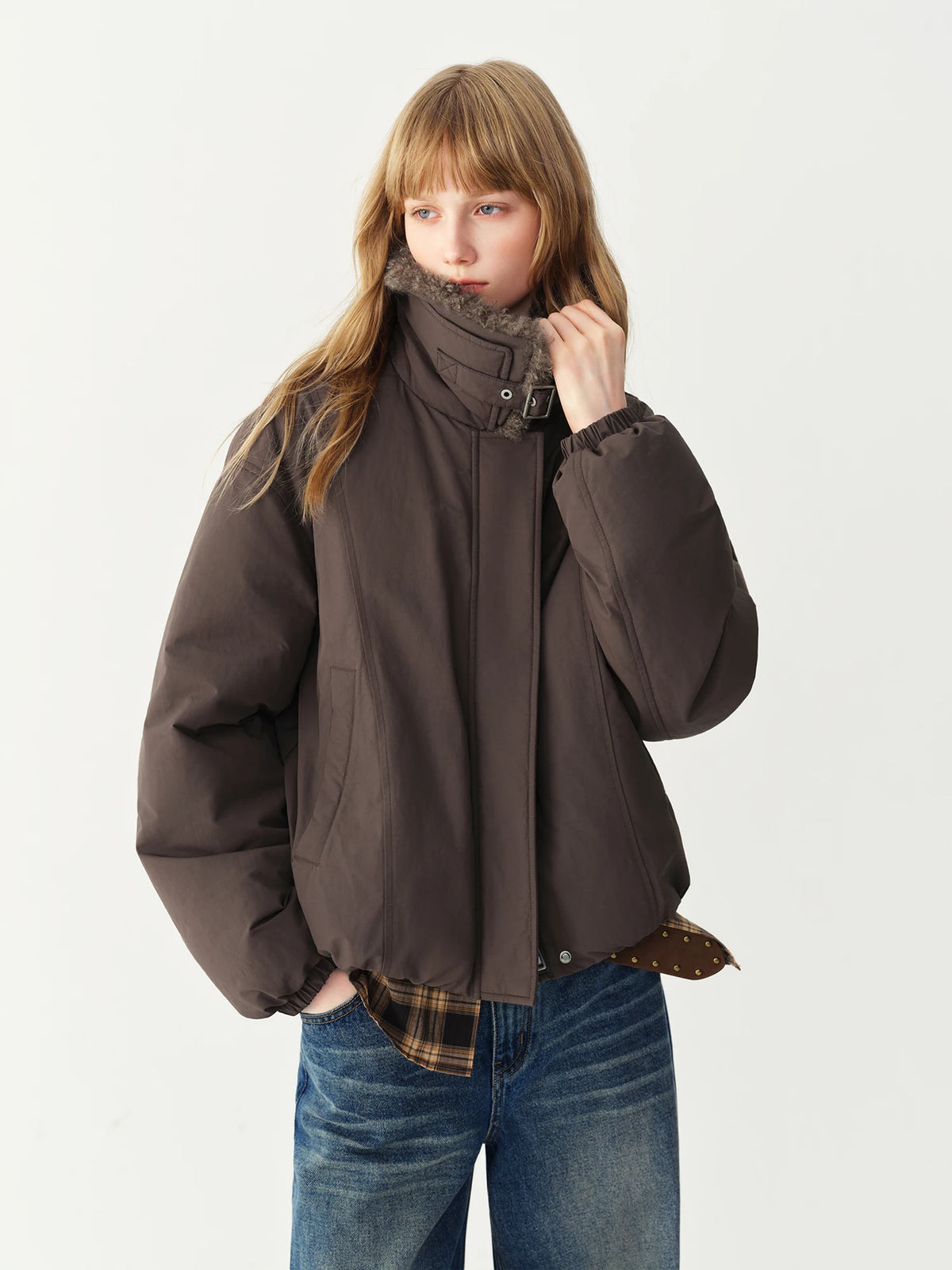 FSLE Cashmere Fur Collar Jacket Down Jacket Women Short Retro Barn Style 2026 Winter New Arrival Chic Personality