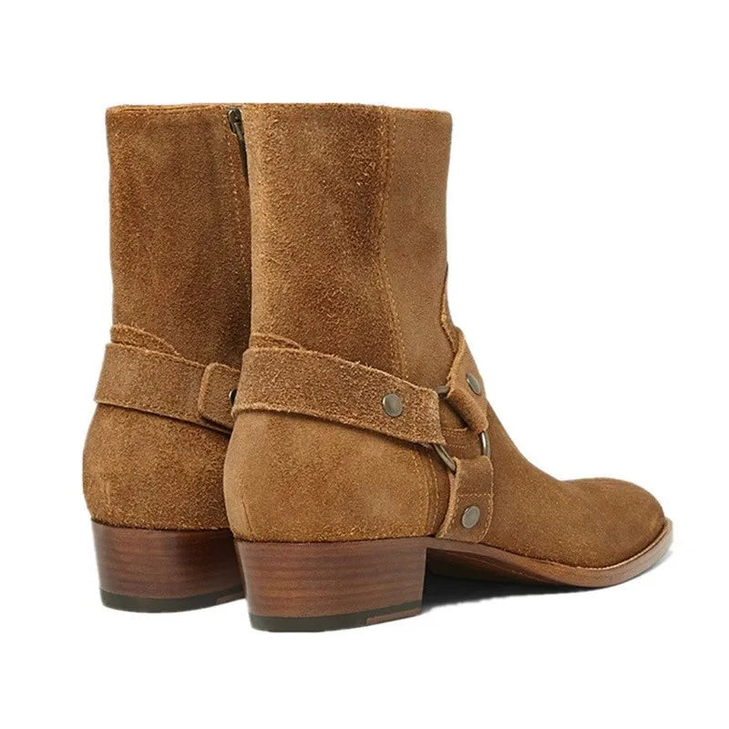 Brown Men Chelsea Boots Handmade High-quality Cow Suede Business Casual Square Toe Mid-heel Men Shoes Motorcycle Boots With Heel