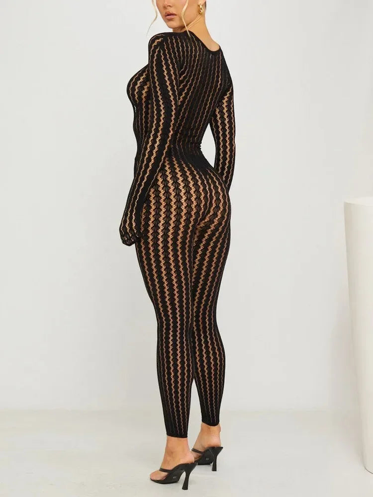 Women's Burgundy Sheer Lace Jumpsuit Long Sleeve Bodycon One Piece Romper Openwork Pattern for Party Club Evening Wear