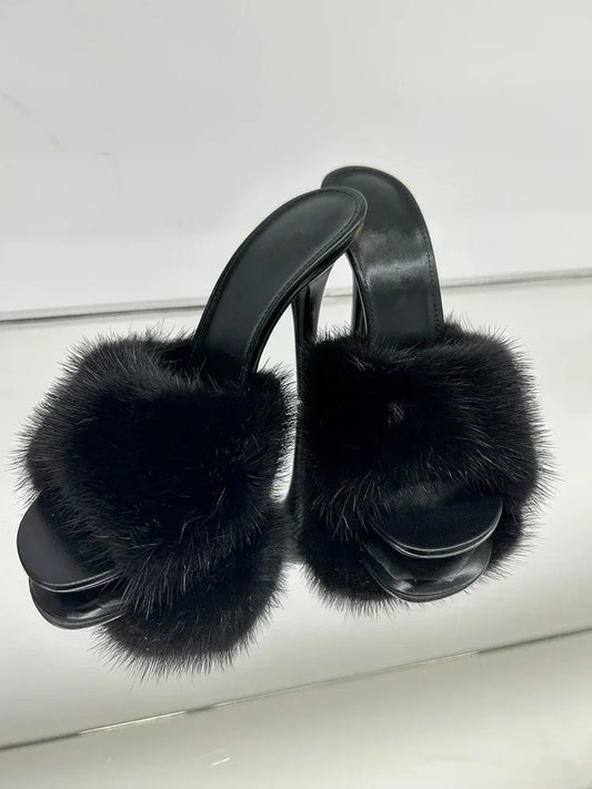 Mink fur high heels for women, slim heels, summer new style, open toe slippers, sexy fish mouth leather party sandals for women