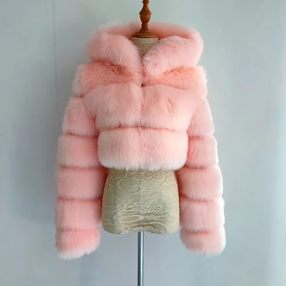 2026 Women Winter Plus Size Faux Fur Croped Coat Female Furry Hooded Long Sleeve Plush Jacket Lady Fake Fur Warm Fluffy Cardigan