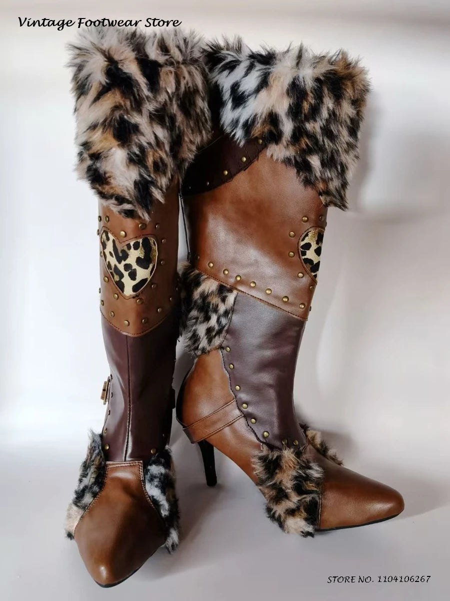 Leopard Faux Fur Studded Knee Boots Vintage Splicing Pointed Toe Thin Heels Trendy Shoes Autumn Winter Plus Size Warm Snow Boots