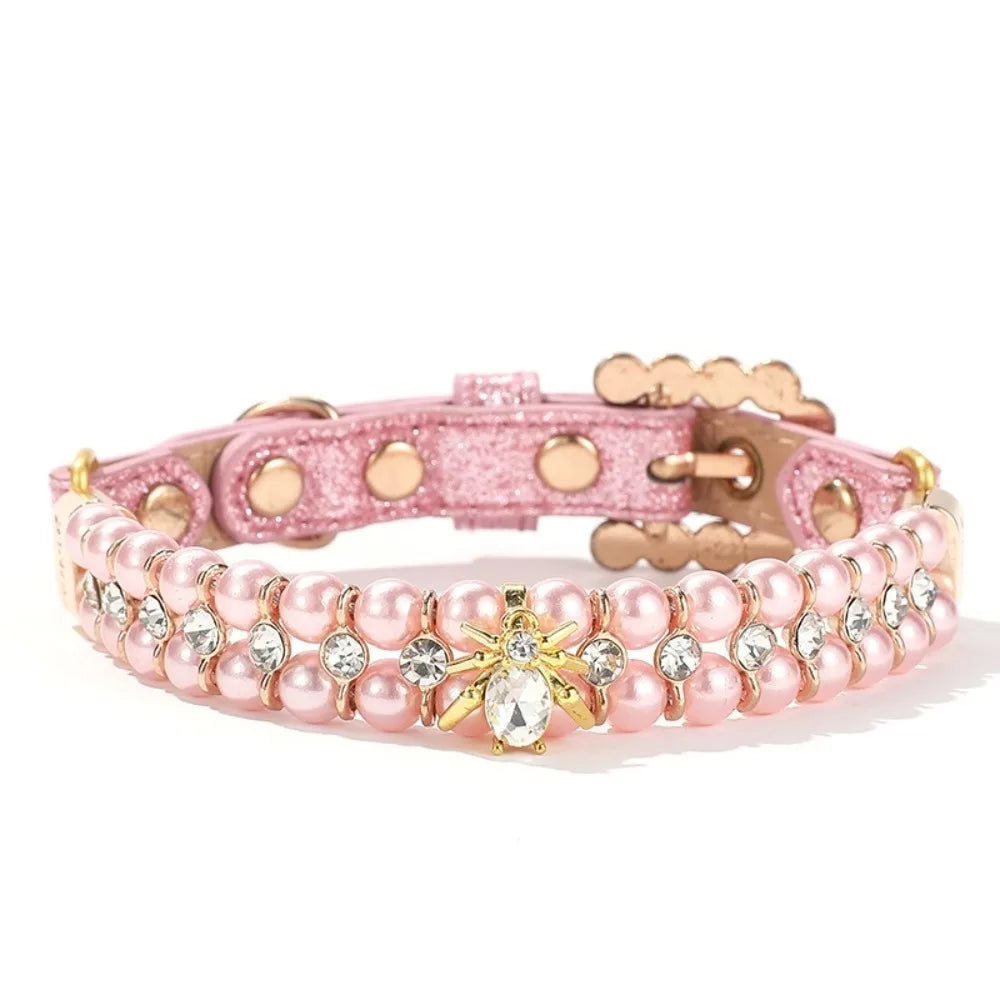 Adjustable Dog Cat Pearl Collars Rhinestone Bling Crystal Cat Necklace Luxury Jewelry PU Neck Strap for Small Dogs for Kitten