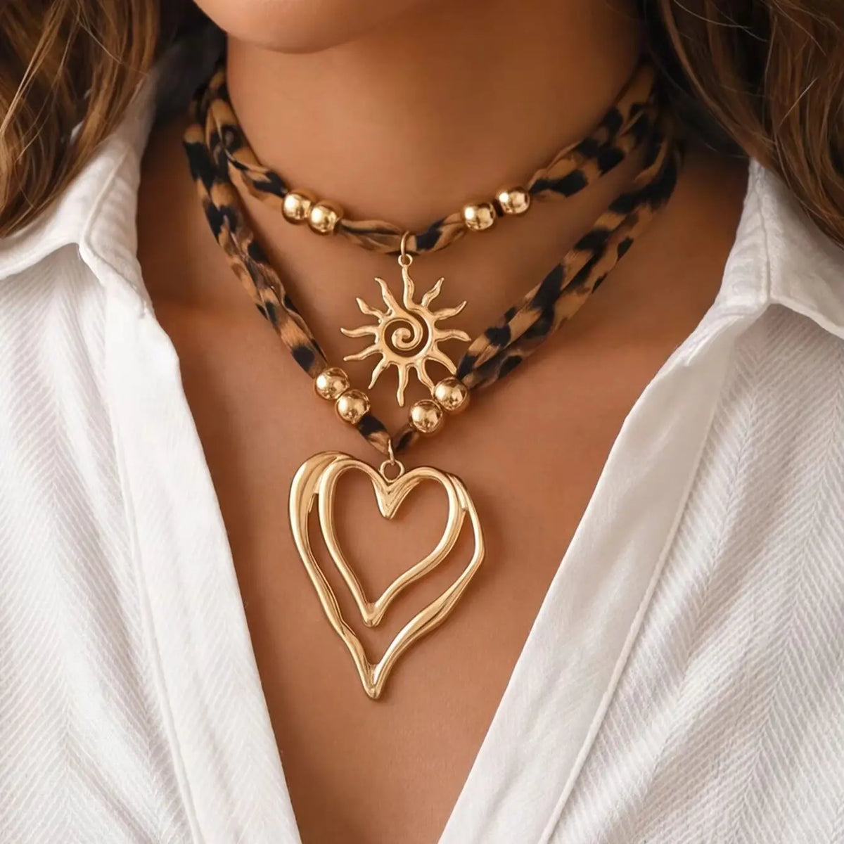 Leopard Print Layered Ribbon Choker Necklace Gold Y2K Heart Sun Pendant Adjustable Bohemian Jewelry for Women