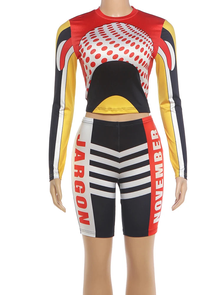 Nibber Summer Sexy 2 Piece Set Woman Polka Dot Patchwork o-Neck Full Sleeve Crop Tops+Letter Print Bike Shorts Sporty Streetwear