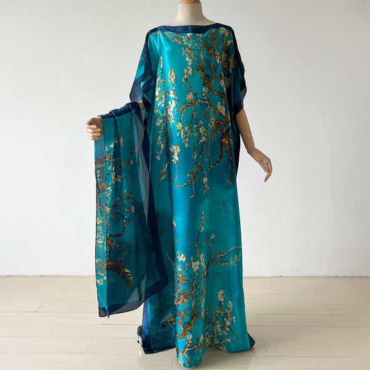 Women Boho Print Maxi Caftan Beach Shawl Elegant Holiday Silk Feeling Party Dress Scarf Summer Robe Turban Suit Pashmina Poncho