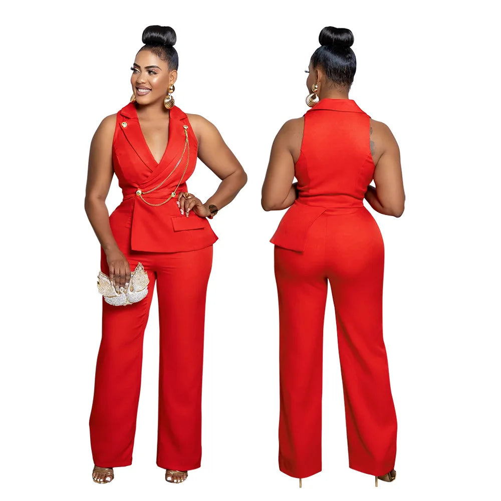 CMYAYA Elegant Womenv-neck High Waist Straight Sleeveless Blazer Jumpsuits 2024 Fall Street Chain Office Lady Party Rompers
