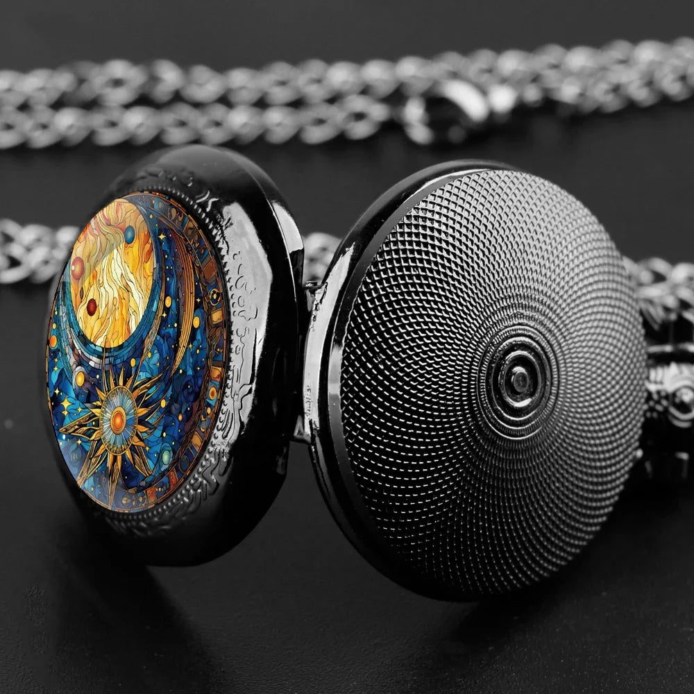 Vintage Sun and Moon Pendant Glass Dome Pocket Watch Souvenir Chain Clock Arabic Numerals with Personality Gift for Women Men