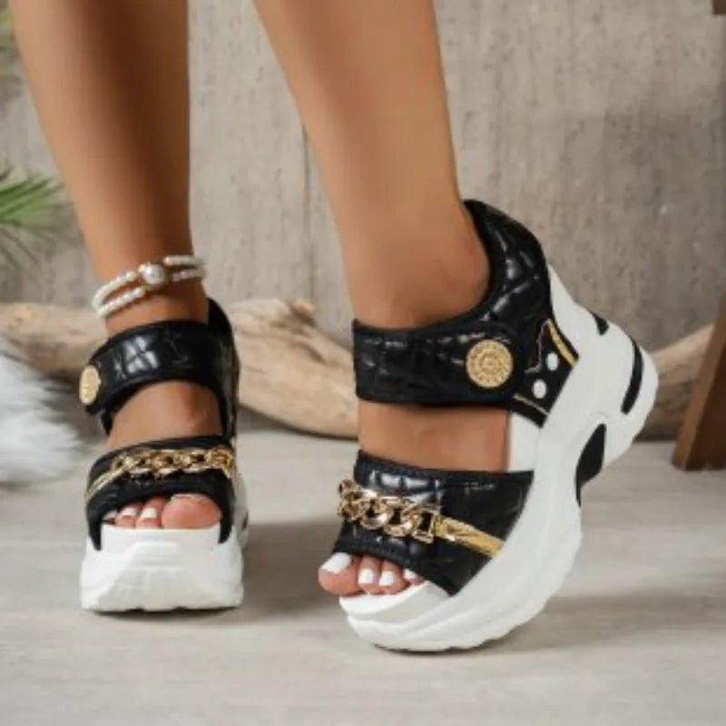 Summer New Women Wedge Sandals 2026 Fashion Metal Decor Solid Thick Bottom Female Shoes Trendy Casual Comfort High Heel Sandals