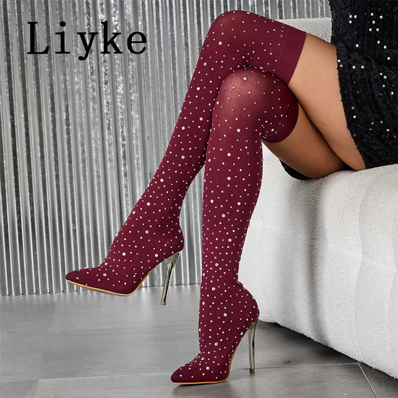 Liyke Sexy Pointed Toe Crystal Rhinestone Stretch Fabric Thigh High Boots Women Thin Heels Over The Knee Socks Shoes Size 35-43