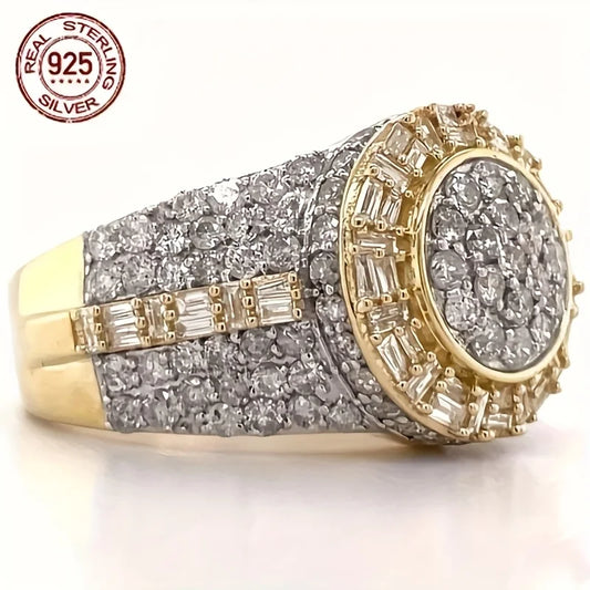 Vintage Luxury S925 Silver Geometric Zircon 18K Gold Plated Men's Engagement Band Hip Hop Rings Business Jewelry